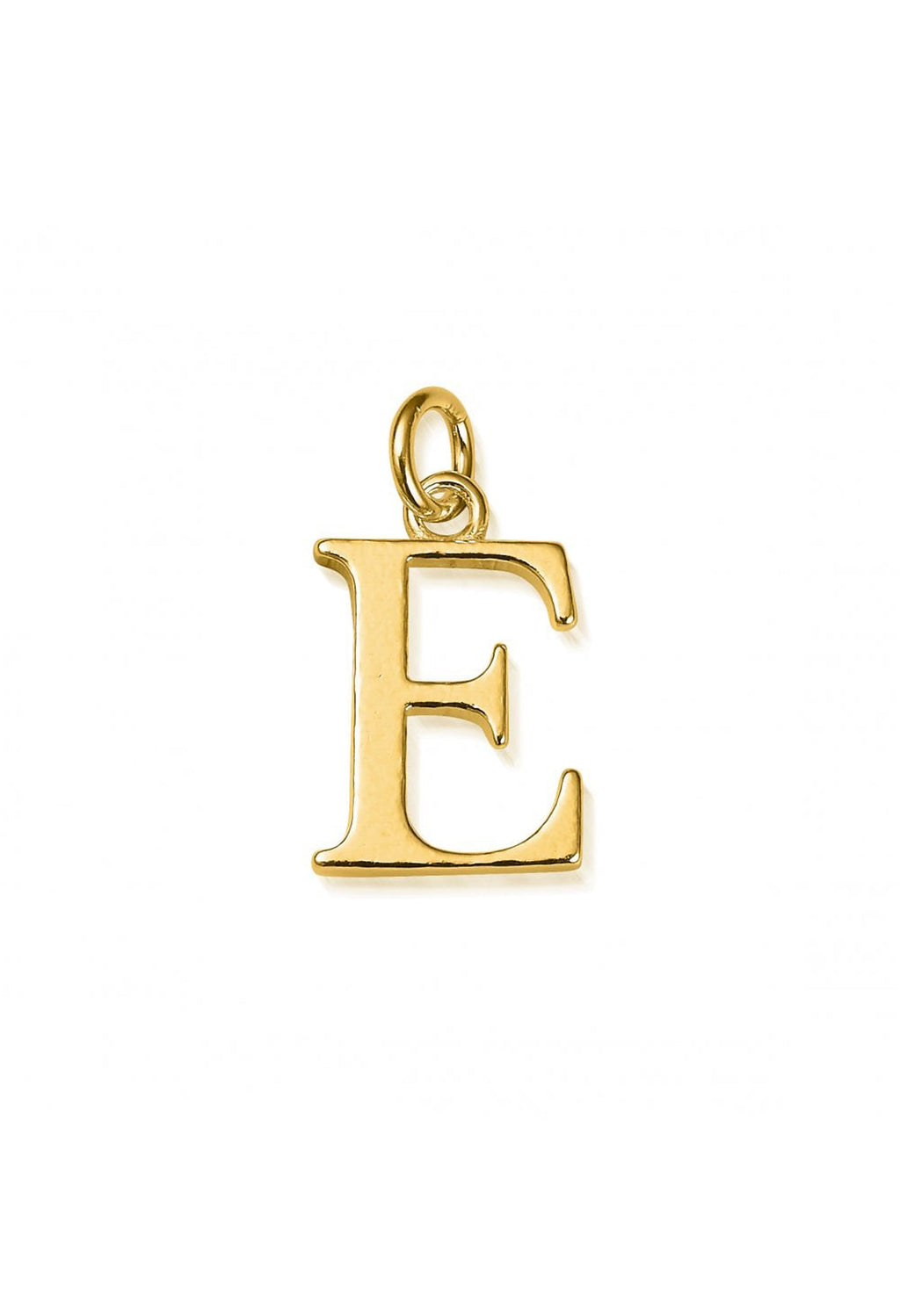 Gold-plated "E" initial pendant by ChloBo. Stylish personalized jewelry for necklaces or bracelets.