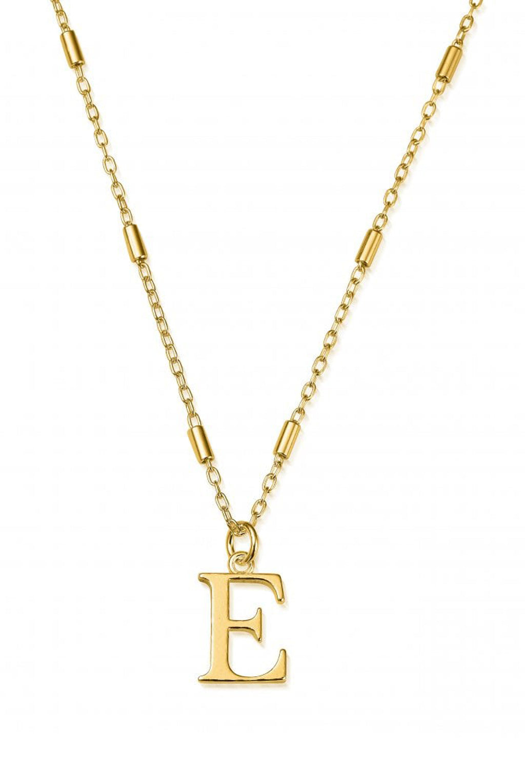 Close-up of the ChloBo Iconic Initial E pendant necklace in gold plating, showcasing the initial charm and chain detail.