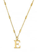 Close-up of the ChloBo Iconic Initial E pendant necklace in gold plating, showcasing the initial charm and chain detail.