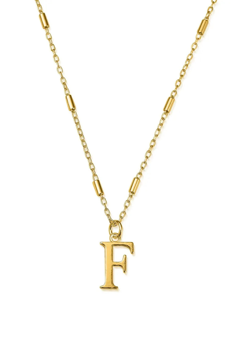 ChloBo Initial F pendant necklace. Two-tone silver and gold-plated design. Fashion jewelry.