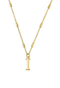 Gold plated "I" initial pendant necklace, showcasing personalized jewelry and designer craftsmanship from ChloBo.