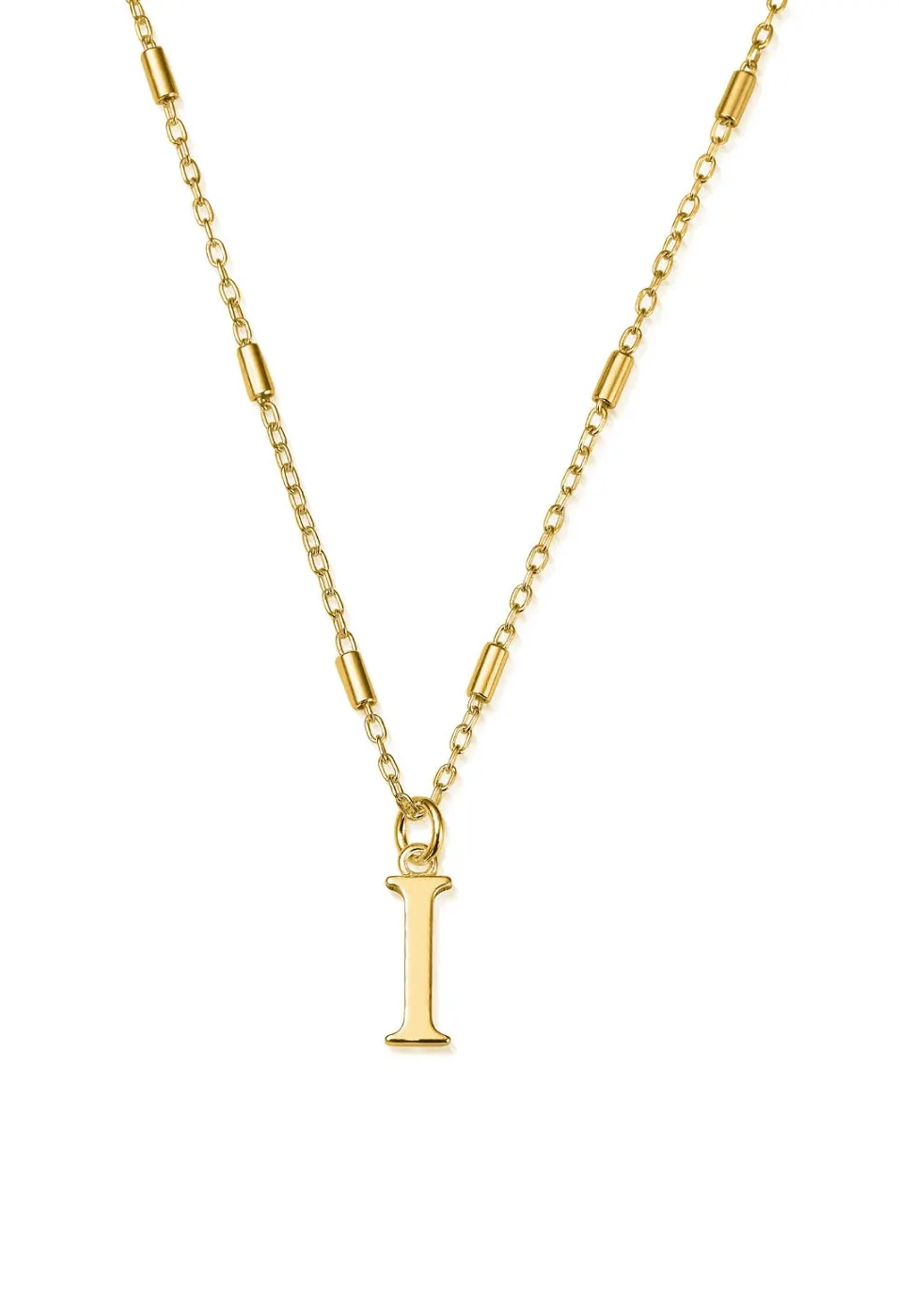Gold plated "I" initial pendant necklace, showcasing personalized jewelry and designer craftsmanship from ChloBo.