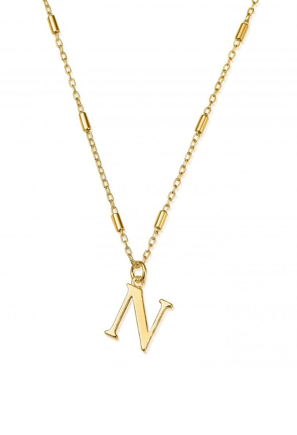 Close-up of ChloBo gold-plated "N" pendant necklace; stylish initial jewelry for personalized fashion statements.