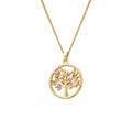 Gold chain necklace with a tree of life pendant featuring gold and pink leaves, set against a white background.
