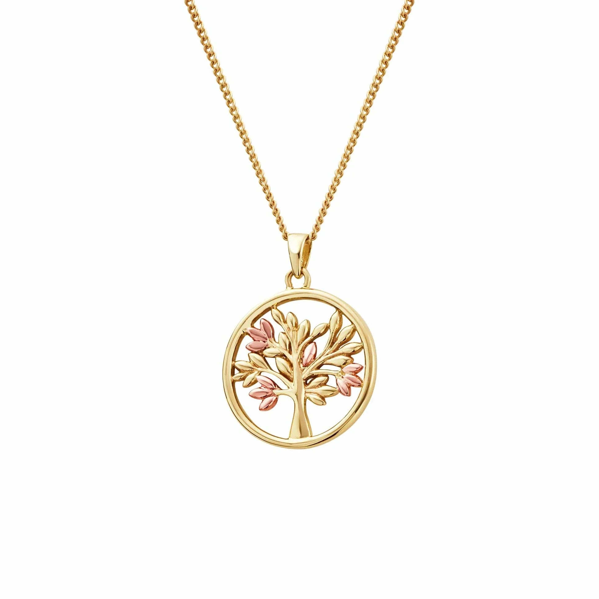 Gold chain necklace with a tree of life pendant featuring gold and pink leaves, set against a white background.
