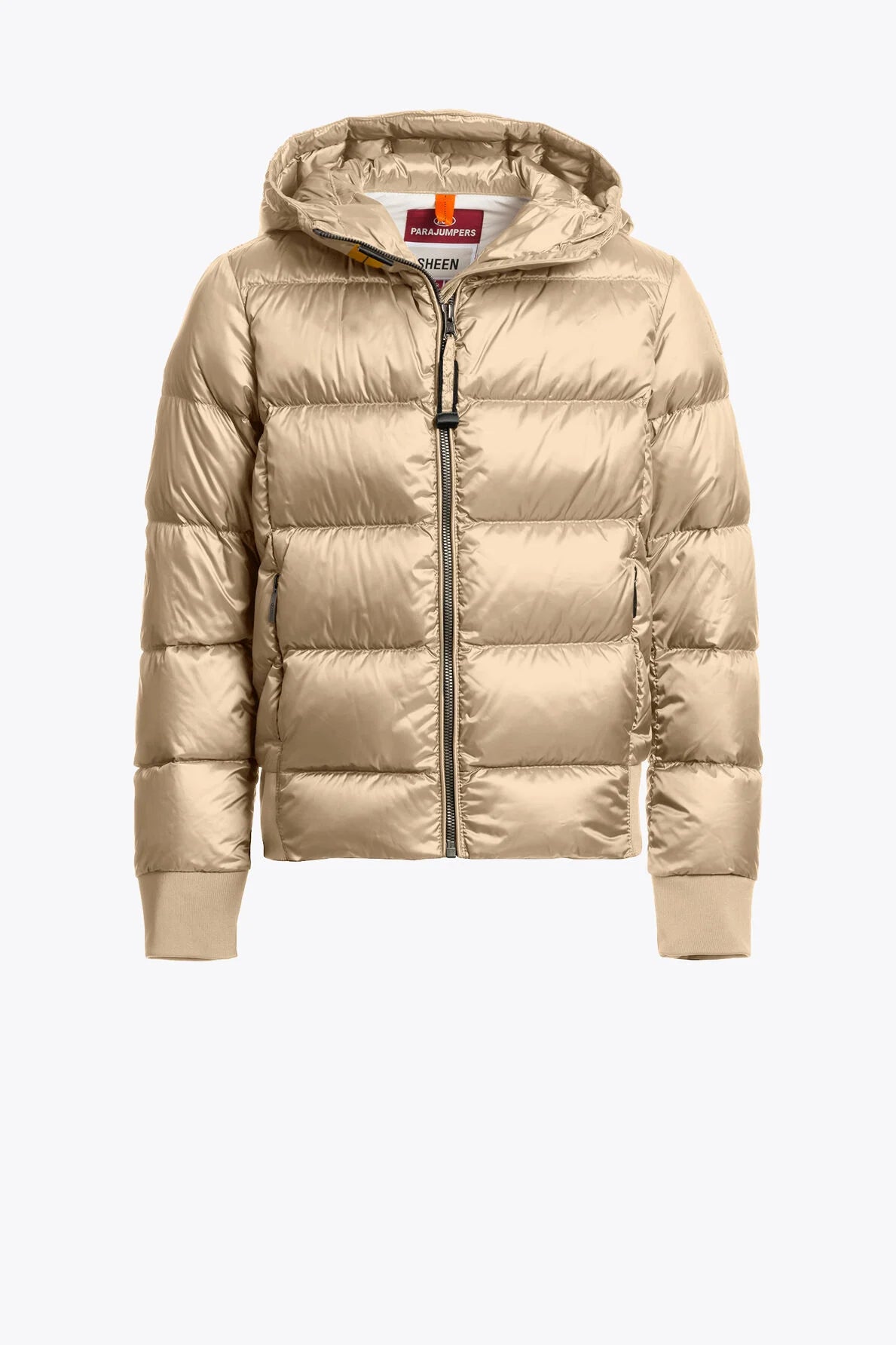 Beige puffer jacket with a hood on a white background
