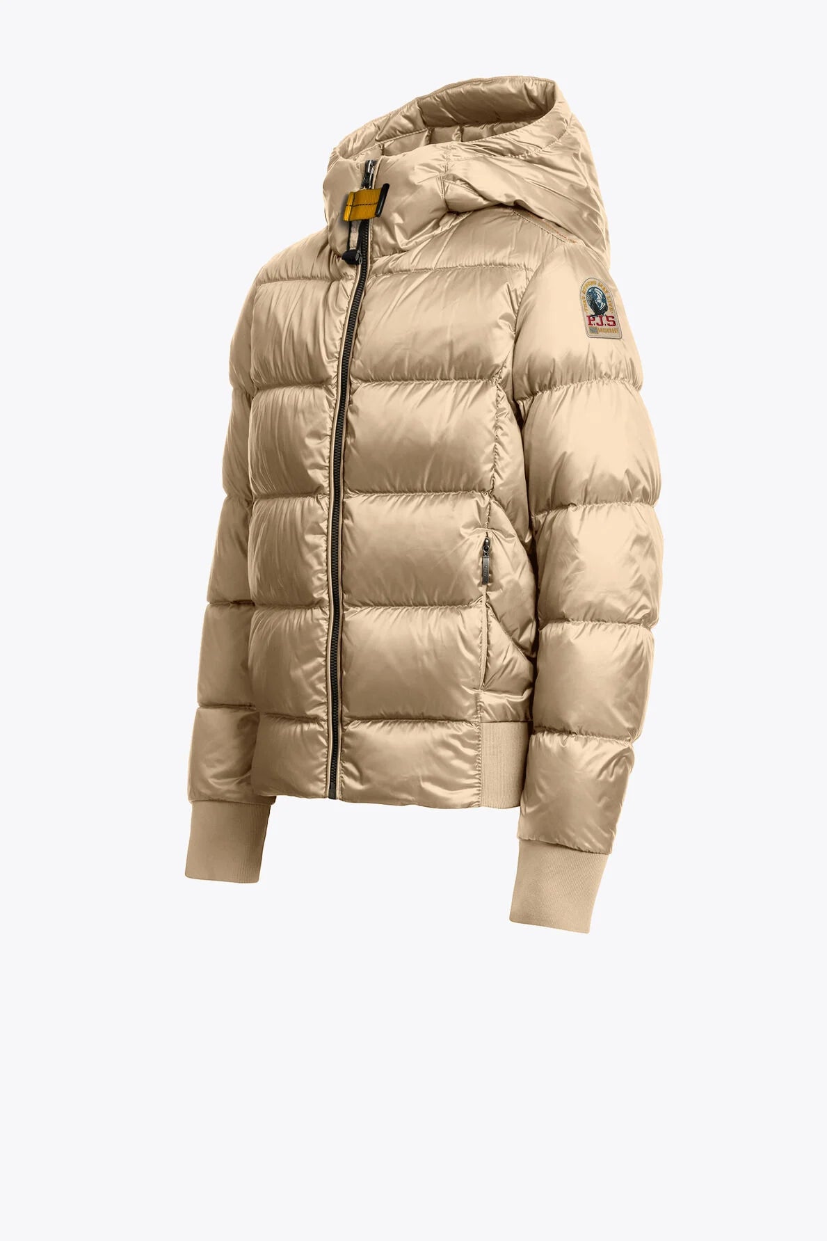 Beige puffer jacket with a brand logo on a white background