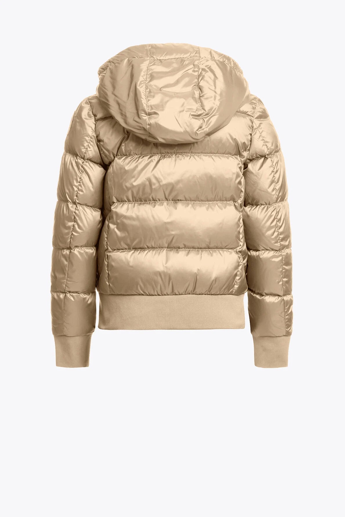 Beige puffer jacket with a hood on a white background