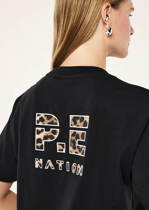 Black t-shirt with 'P.E. Nation' print on the back, featuring leopard print letters.