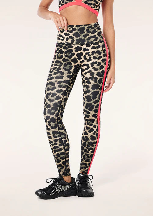 Leopard print leggings with pink side strip worn by a person on a white background