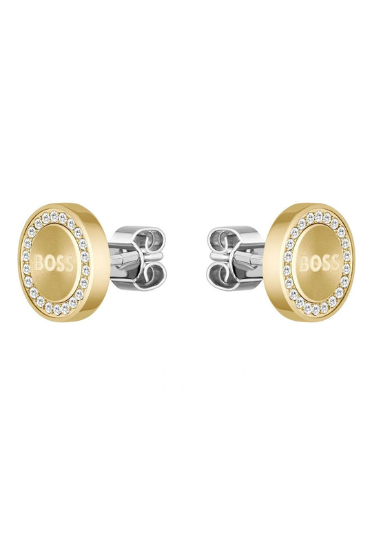 BOSS Ladies Iona Crystal Set Stud Gold Plated Earrings *