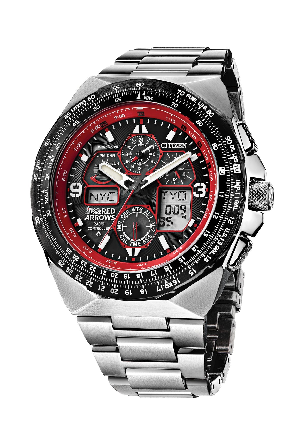 Citizen Red Arrows Skyhawk A-T watch face showing multi-function dial with radio controlled time and aircraft slide rule.