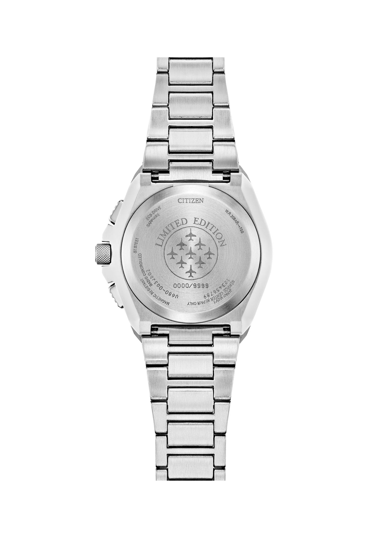 Citizen Skyhawk watch caseback showcasing "Limited Edition" with aircraft emblem and serial number detail.