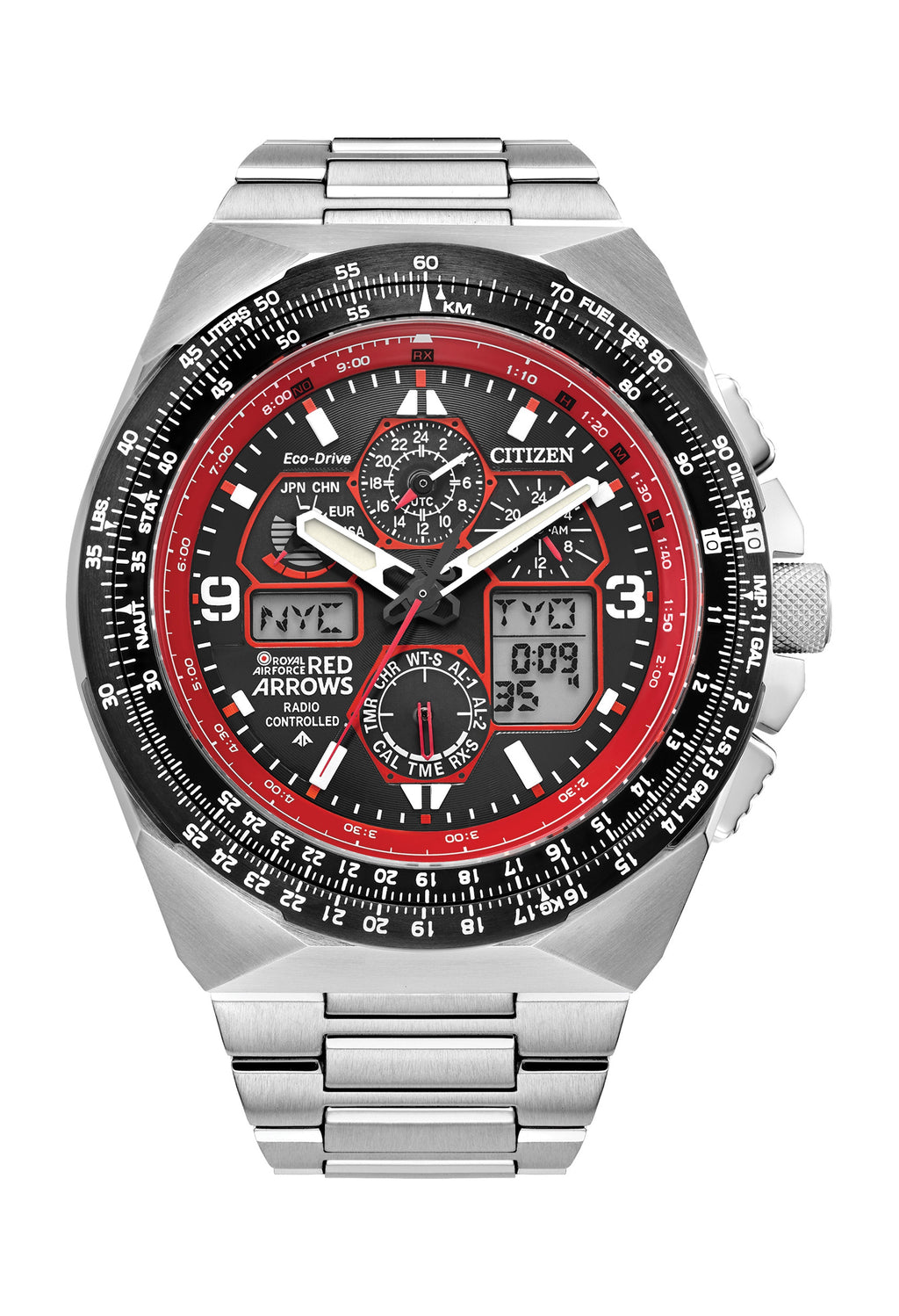 Citizen Skyhawk Red Arrows watch, highlighting its chronograph dial and pilot-specific aviation functions. Limited edition.