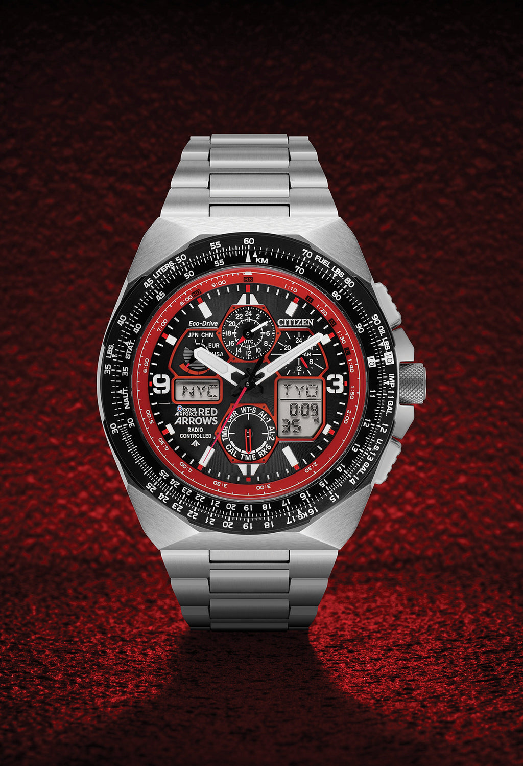 Citizen Red Arrows watch close-up showcasing the chronograph dial, displays, and stainless steel band. Limited Edition