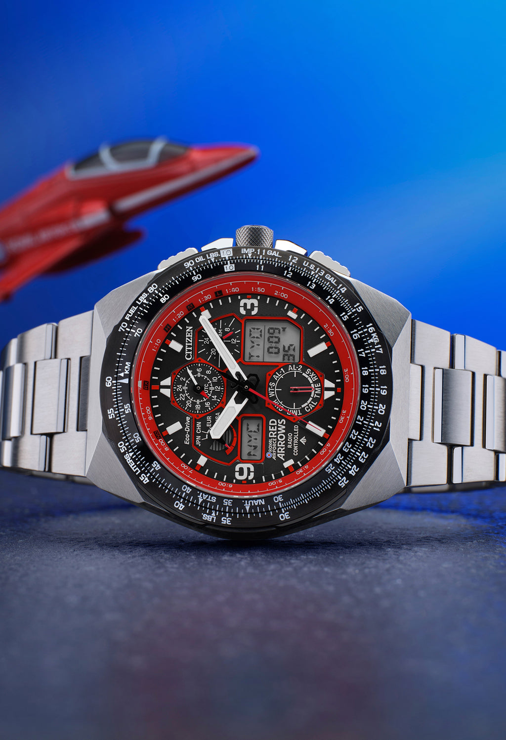 Citizen Red Arrows watch showcasing intricate dial, Eco-Drive technology, and radio-controlled time against a pilot theme.
