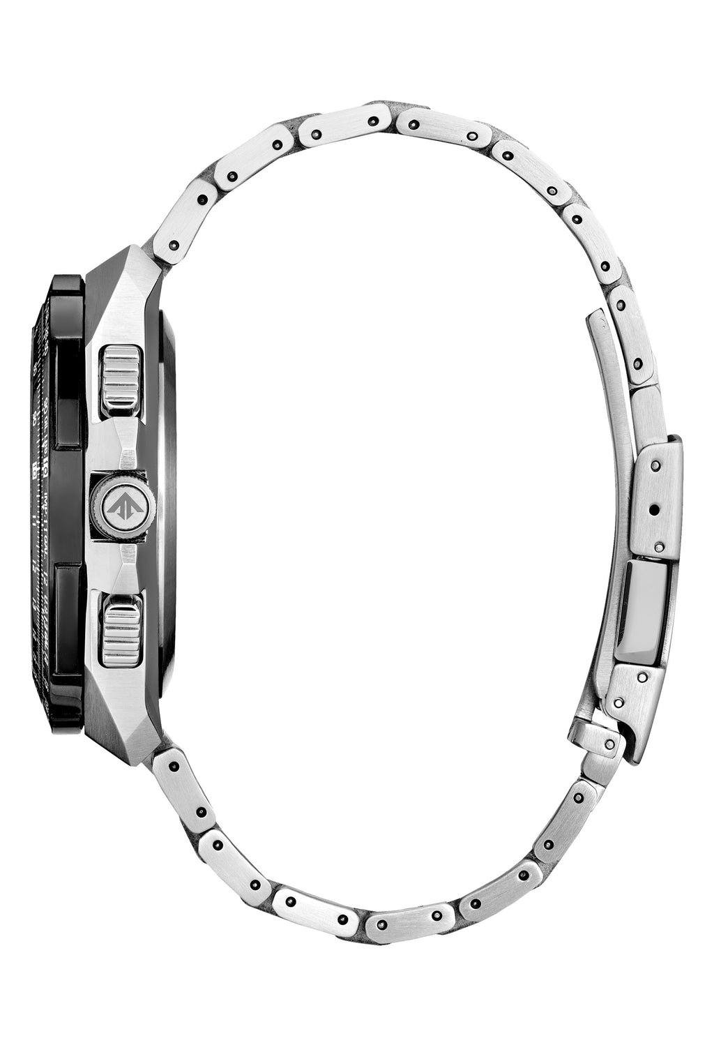 Side view of the Citizen Gents Skyhawk A T Red Arrows Limited Edition watch showing the stainless steel band.
