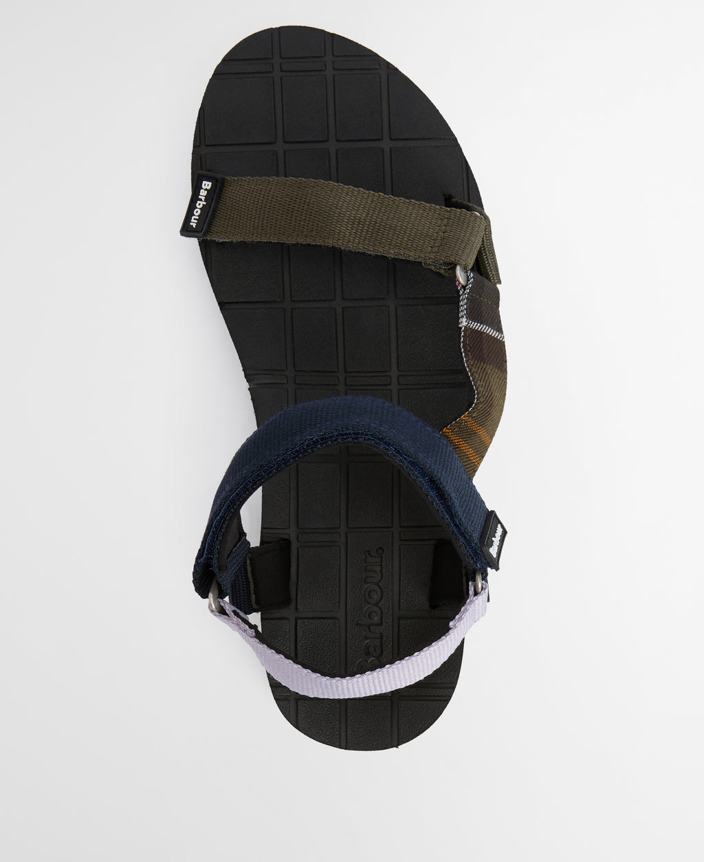 Black sandal with green and blue straps on a white background