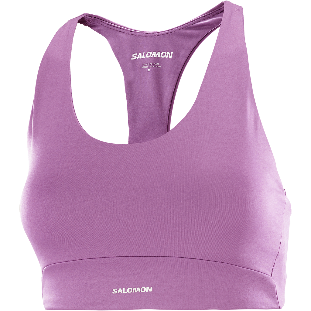 Purple sports bra with 'Salomon' branding on a white background