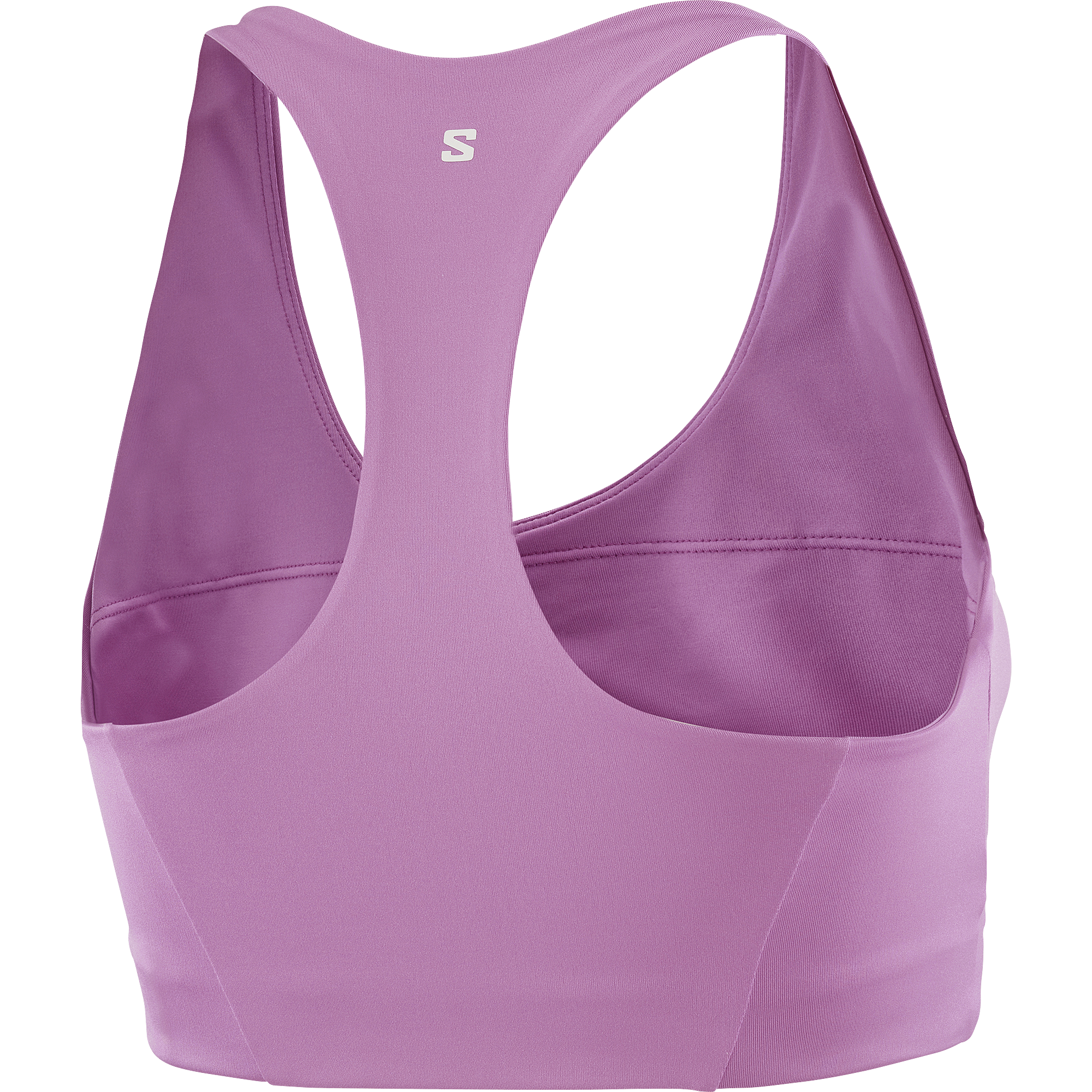 Purple sports bra with a brand logo on a white background