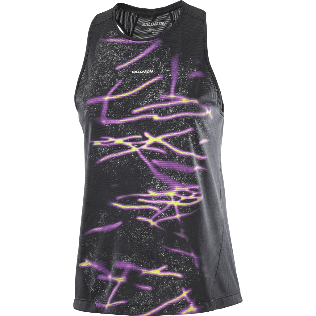 Black sleeveless shirt with purple and yellow abstract designs on a white background
