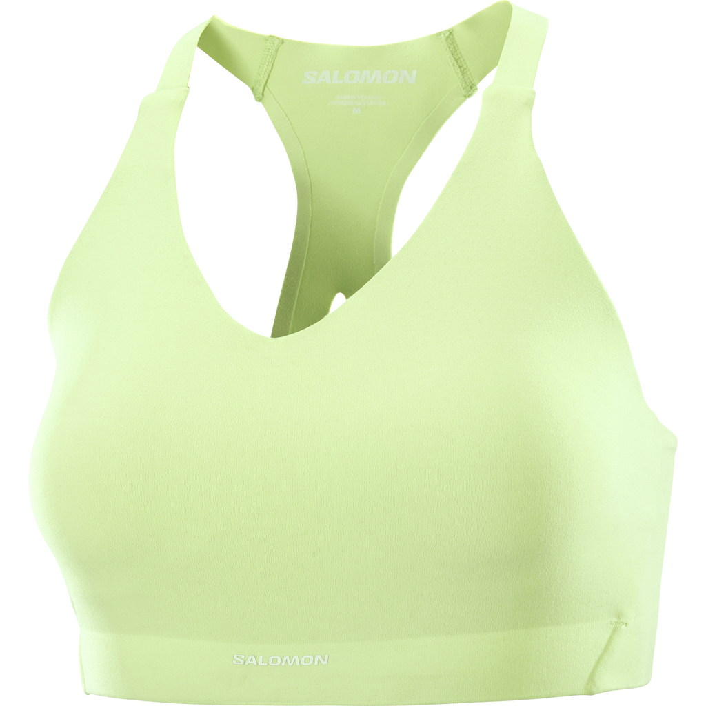Light green sports bra with 'Salomon' branding on a white background