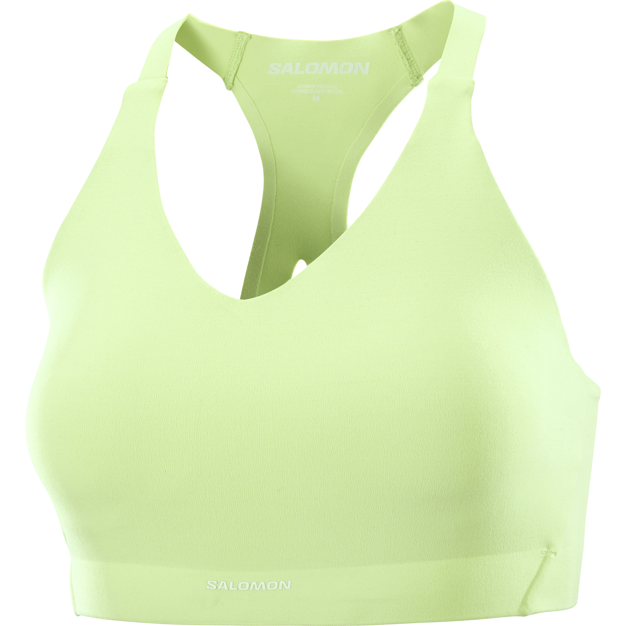 Light green sports bra with 'Salomon' branding on a white background