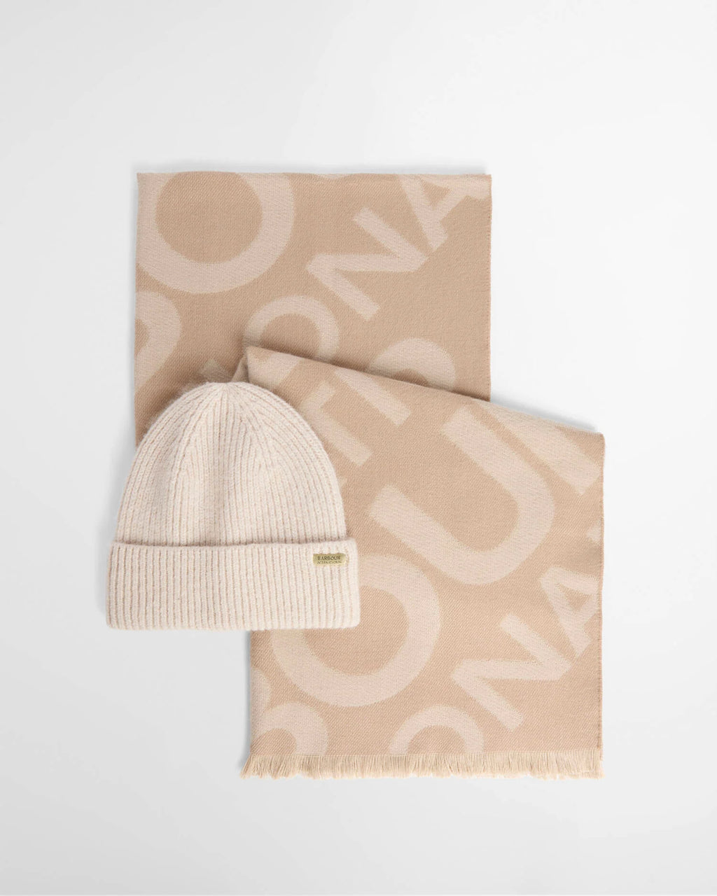 Women's Barbour International Pendle Beanie & Kenna Scarf In Moonbeam/Camel
