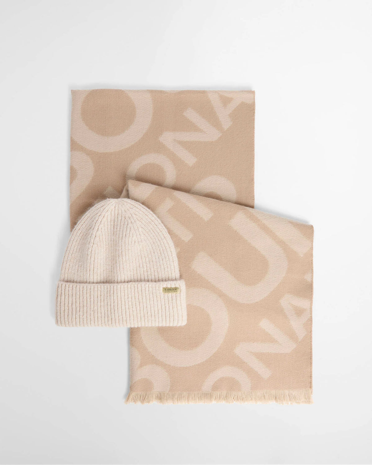 Women's Barbour International Pendle Beanie & Kenna Scarf In Moonbeam/Camel