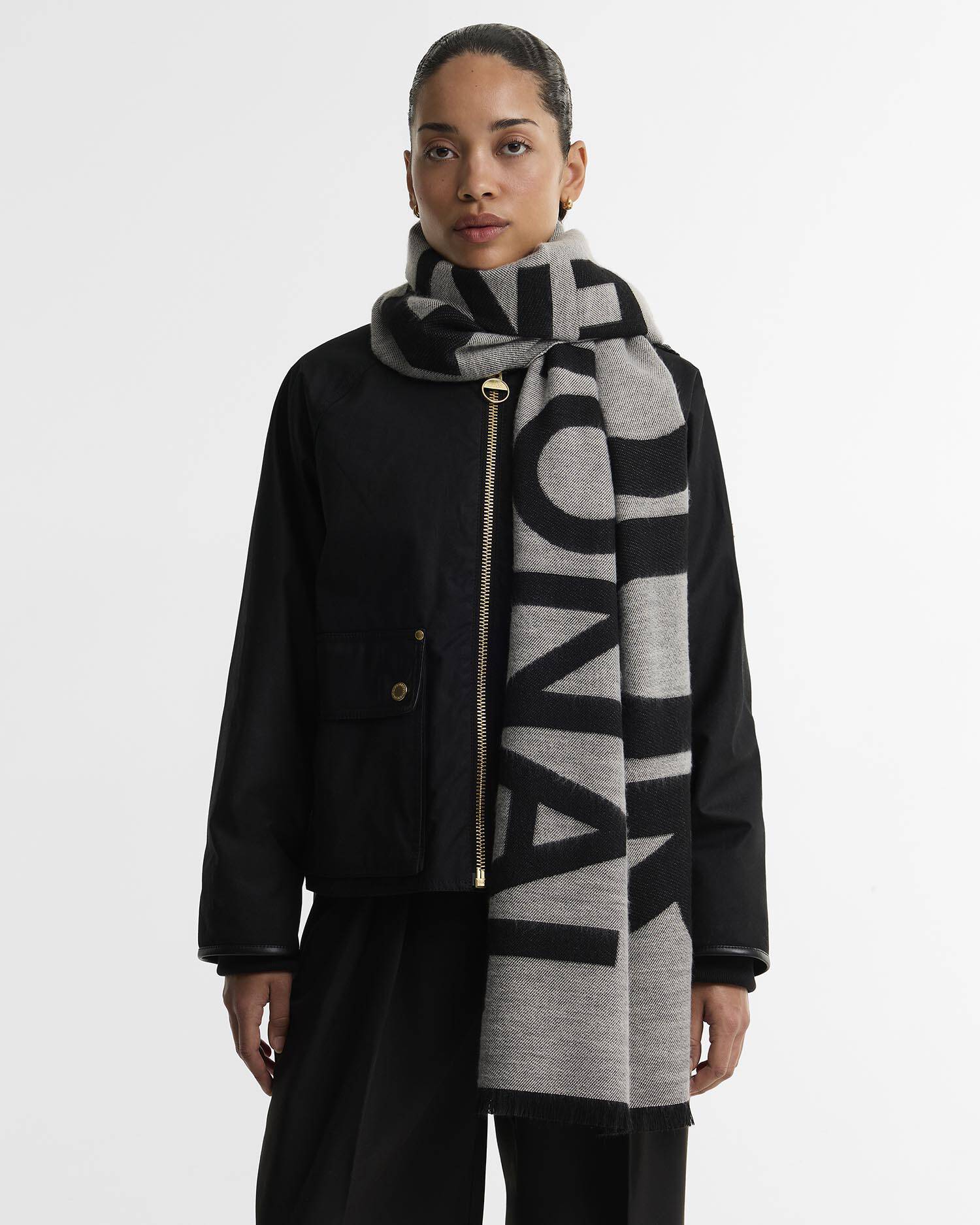 Women's Barbour International Milla Logo Scarf In Moonbeam/Black — view 2
