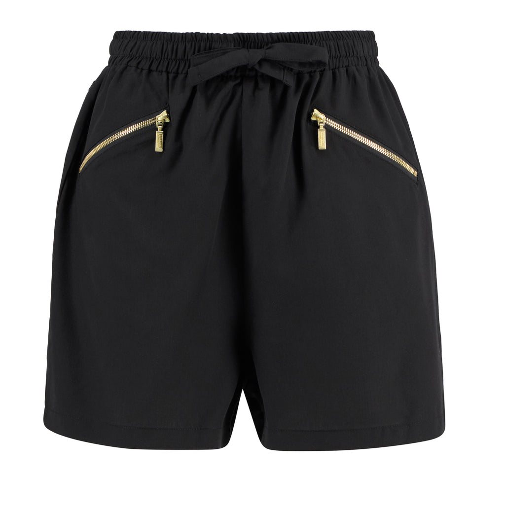 Black shorts with gold zippers on a white background