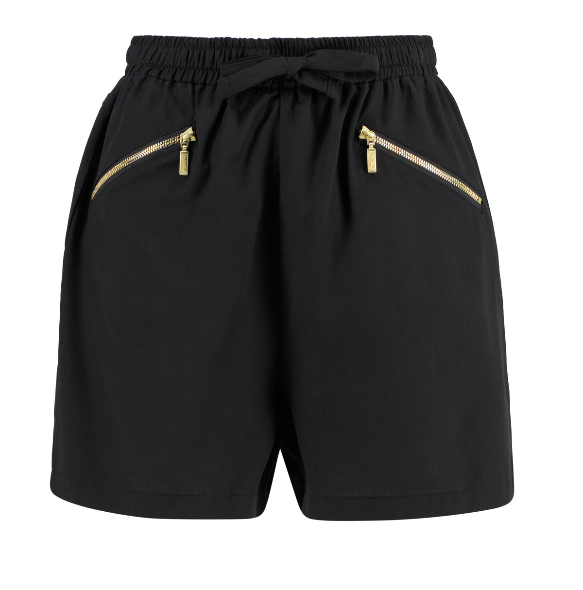 Black shorts with gold zippers on a white background