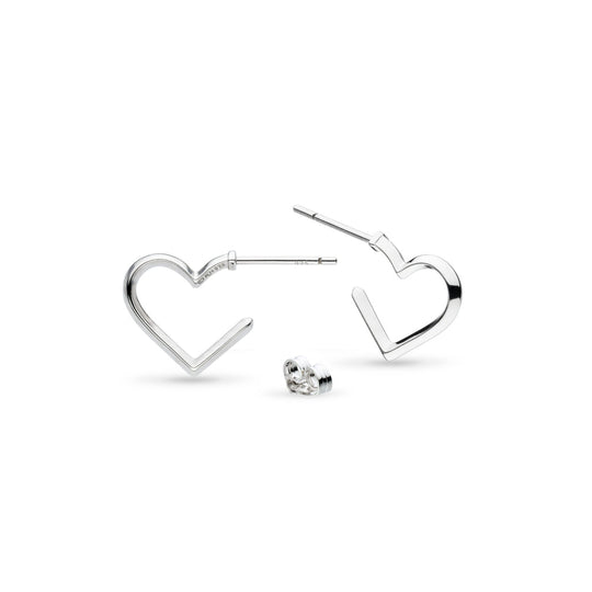 Kit Heath Love Silver Heart Fine Outline Semi Hoop Stud Earrings