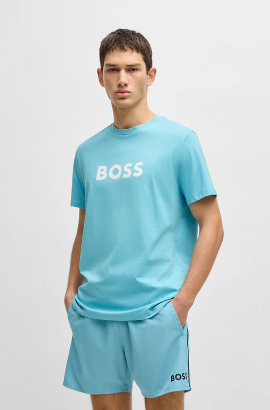 Men's BOSS Black RN Light Pastel Blue T Shirt And Starfish Swim Short Set