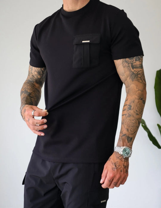 Men's Belier Black Black Woven Pocket T Shirt
