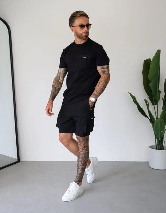 Men's Belier Black Black Woven Pocket T Shirt & Woven Cargo Short