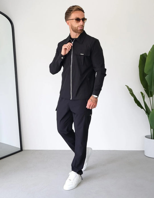 Men's Belier Black Woven Pocket Overshirt & Woven Cargo Pant Set