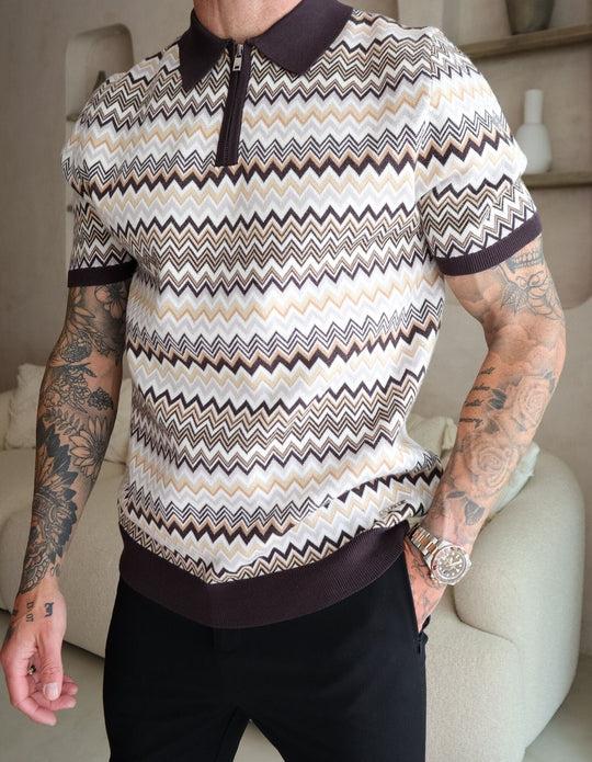 Men's Belier Brown/Beige Zag 1/4 Zip Zip Polo Shirt