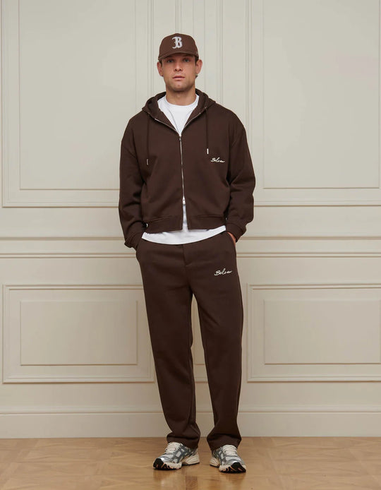 Men's Belier Brown Oversized Zipped Hoodie And Brown Logo Jogger Set