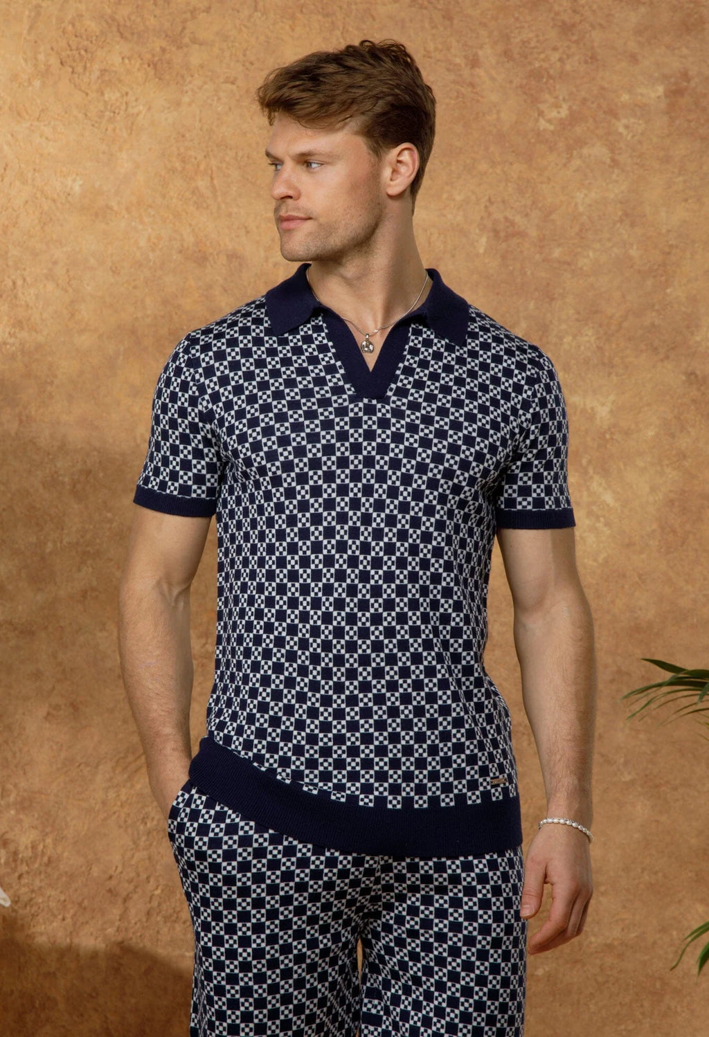 Men's Belier Navy Block Print Cuban Collar Polo Shirt — view 4