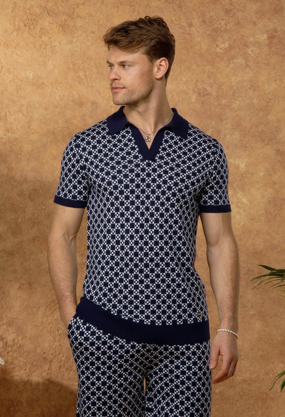 Men's Belier Navy Block Print Cuban Collar Polo Shirt — view 4