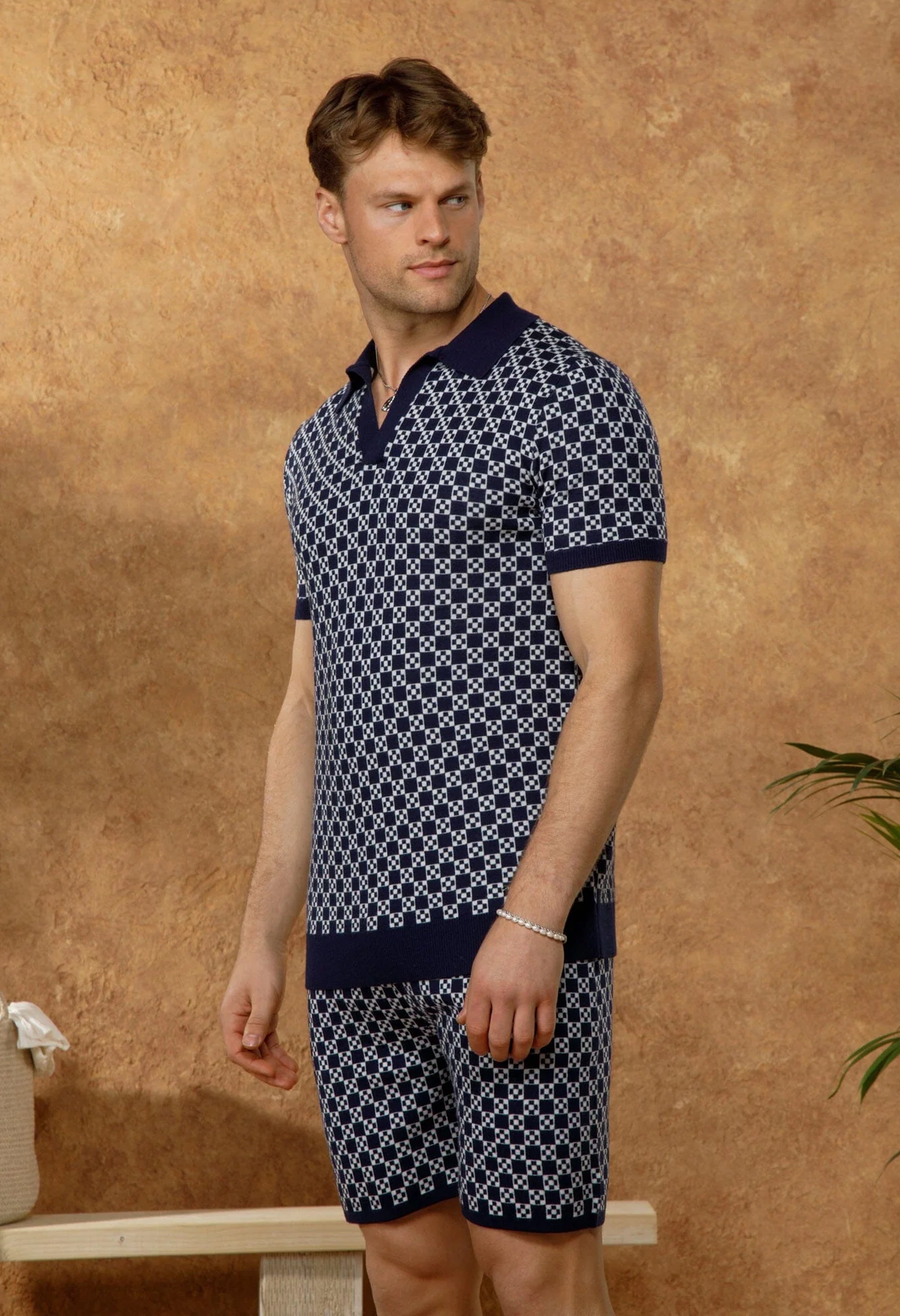 Men's Belier Navy Block Print Cuban Collar Polo Shirt — view 3