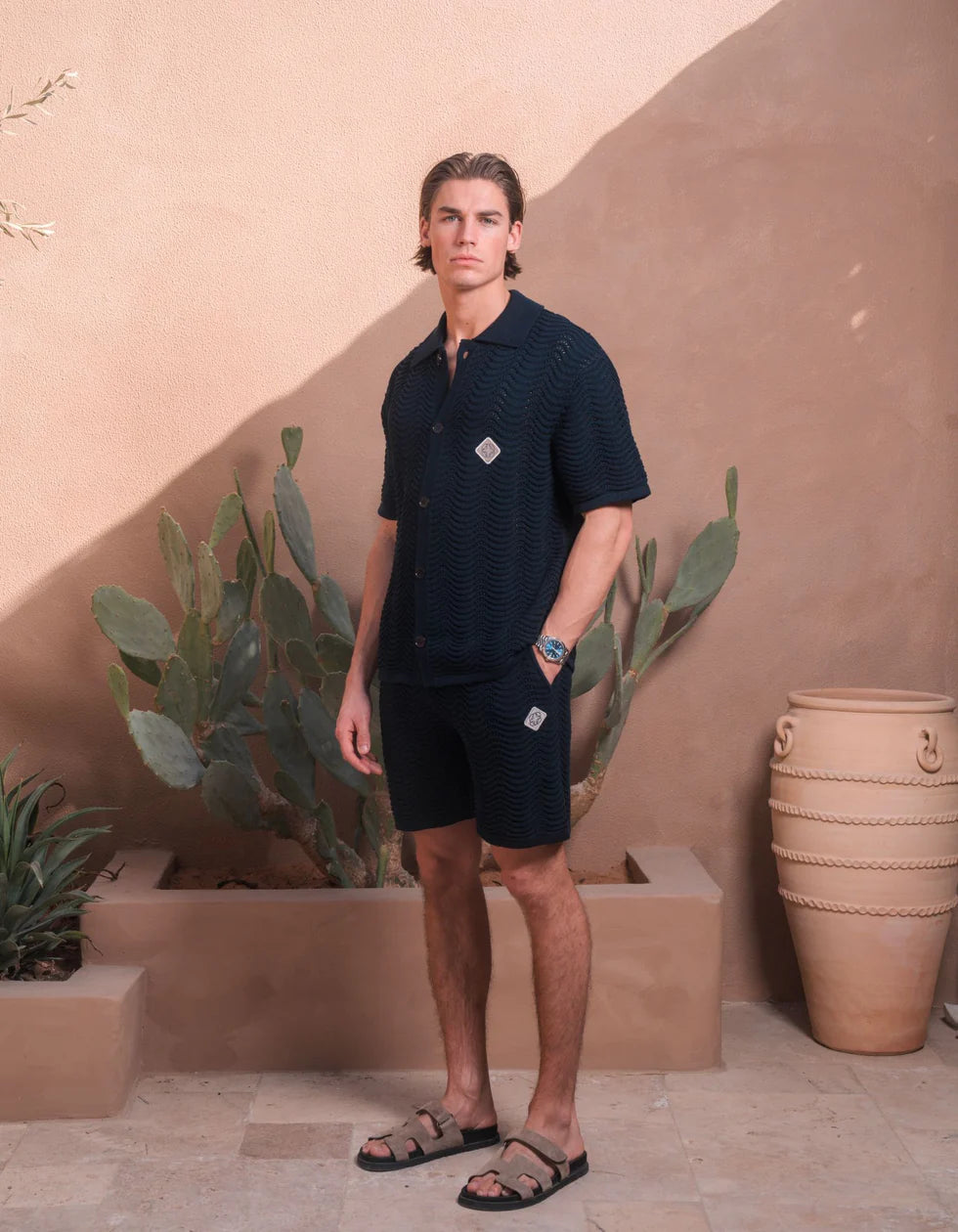 Men's Belier Navy Ocean Crochet Shirt — view 3