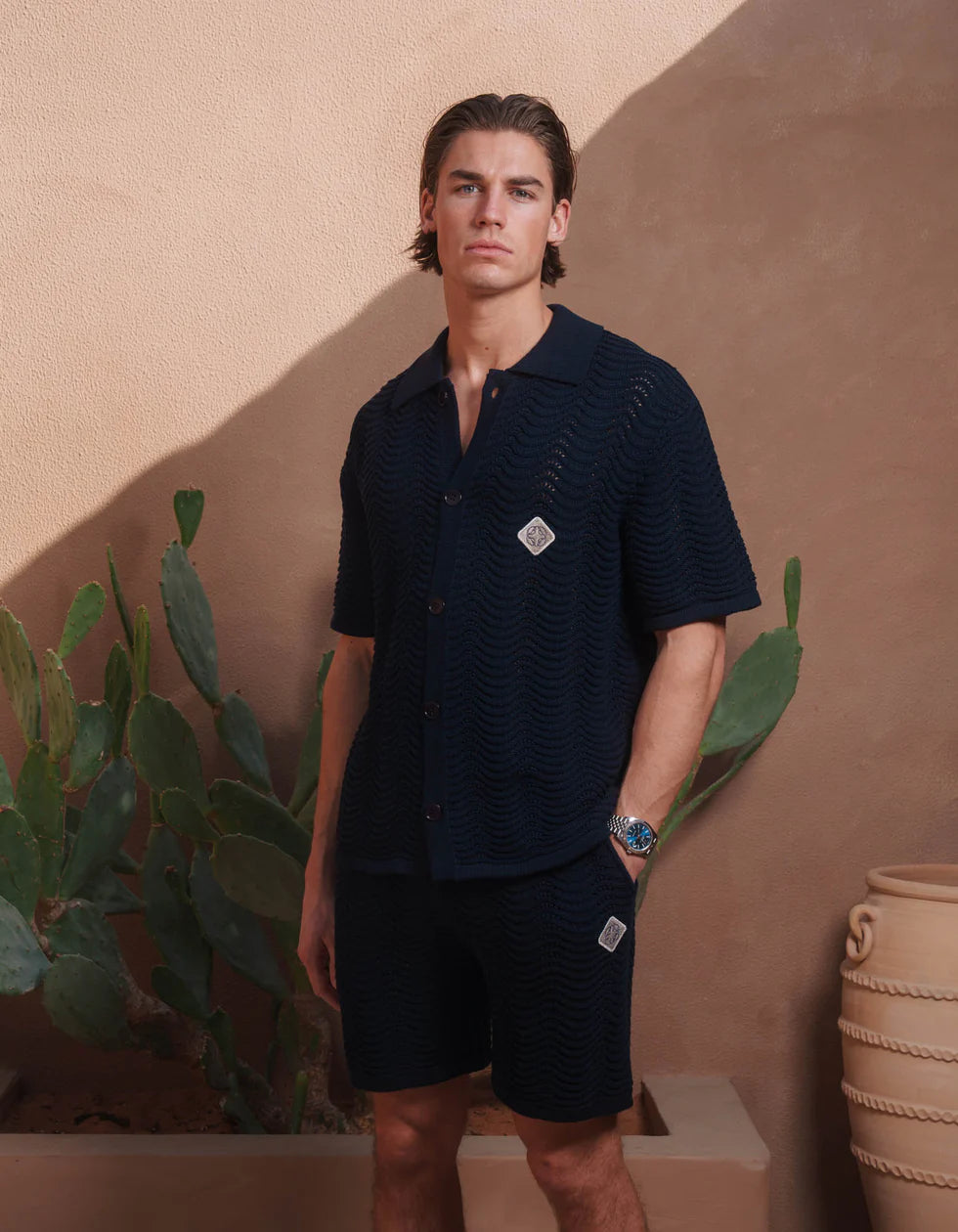 Men's Belier Navy Ocean Crochet Shirt