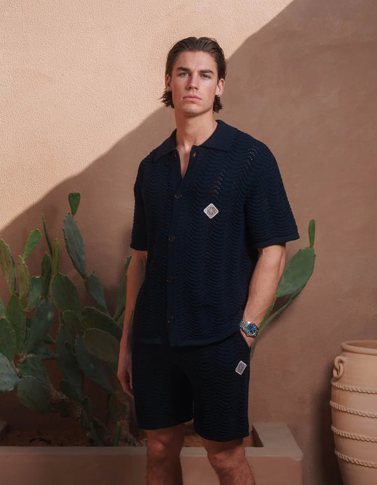 Men's Belier Navy Ocean Crochet Shirt