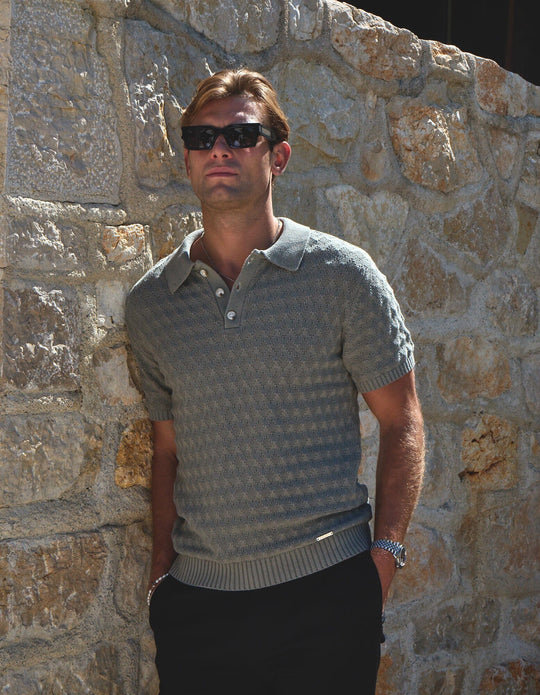 Men's Belier Sage S/S Diamond Stitch 3 Button Polo