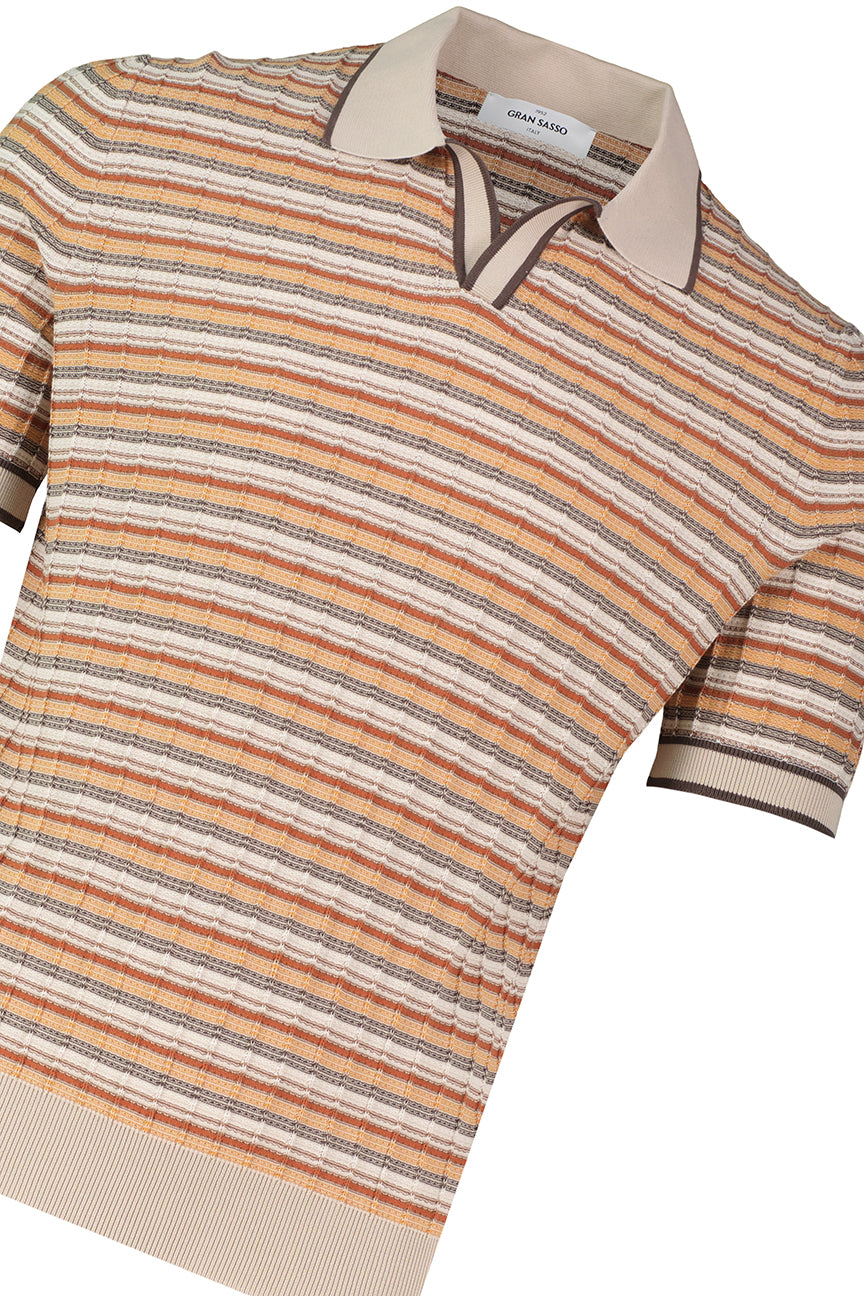 Men's Gran Sasso Beige Stripe Knit Open Collar Polo Shirt - image 4