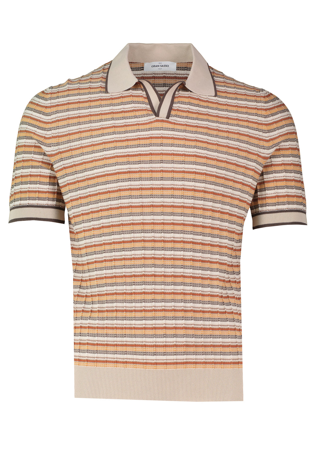 Men's Gran Sasso Beige Stripe Knit Open Collar Polo Shirt - image 2