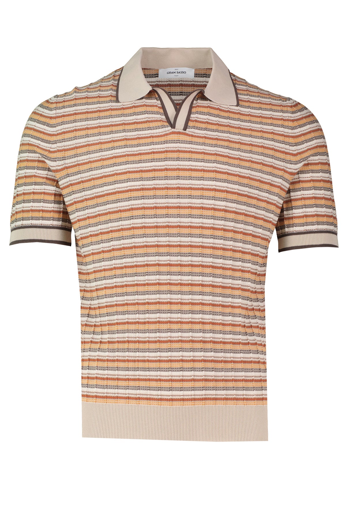 Men's Gran Sasso Beige Stripe Knit Open Collar Polo Shirt - image 2