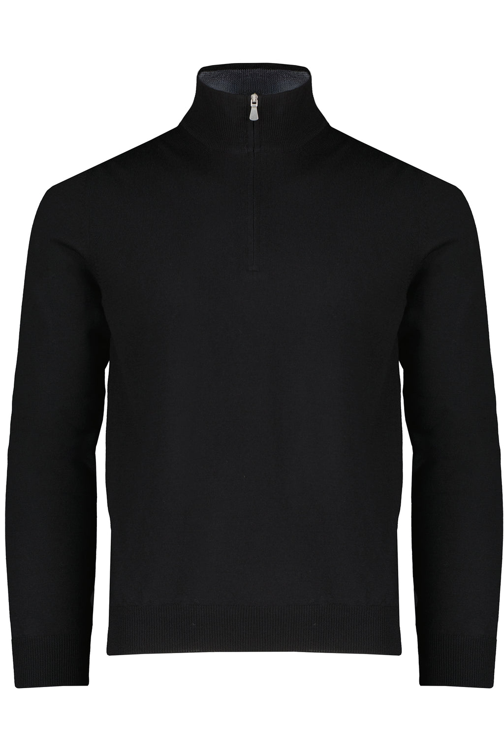 Men's Gran Sasso Black 1/4 Zip Mock Neck Merino Wool Knitted Jumper elasticated waist and cuff silver zip